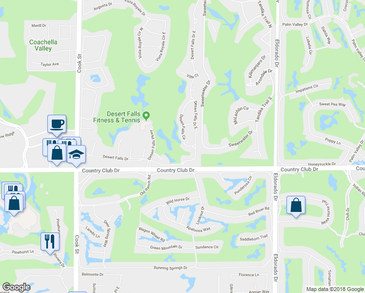 map of restaurants, bars, coffee shops, grocery stores, and more near 141 Desert Falls Circle in Palm Desert