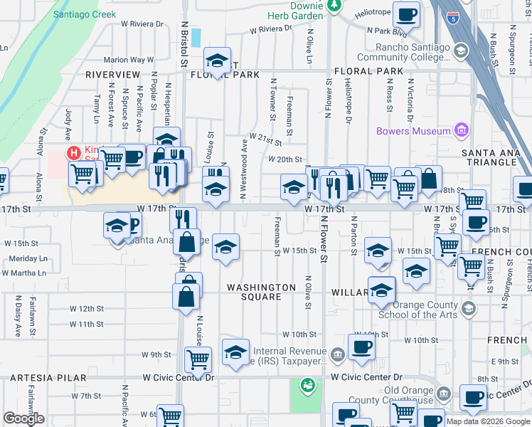 map of restaurants, bars, coffee shops, grocery stores, and more near 1604 North Towner Street in Santa Ana