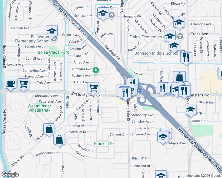 map of restaurants, bars, coffee shops, grocery stores, and more near 5811 Westminster Boulevard in Westminster