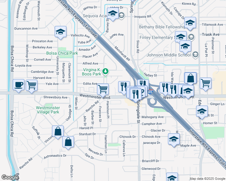 map of restaurants, bars, coffee shops, grocery stores, and more near 5811 Westminster Boulevard in Westminster