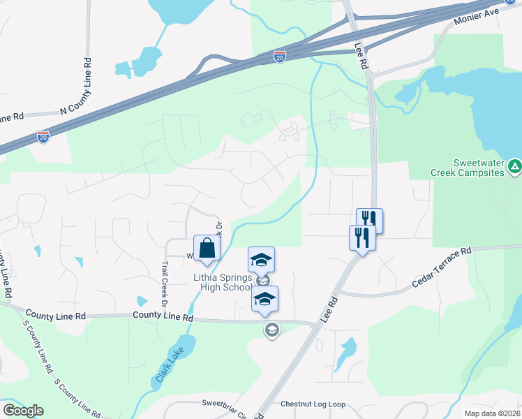 map of restaurants, bars, coffee shops, grocery stores, and more near 8048 Windmark Place in Lithia Springs