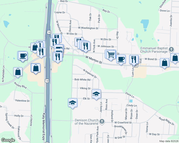 map of restaurants, bars, coffee shops, grocery stores, and more near 136 North Imperial Drive in Denison