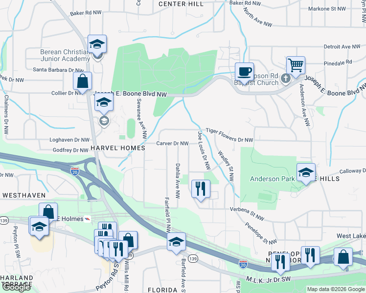 map of restaurants, bars, coffee shops, grocery stores, and more near 179 Dahlia Avenue Northwest in Atlanta