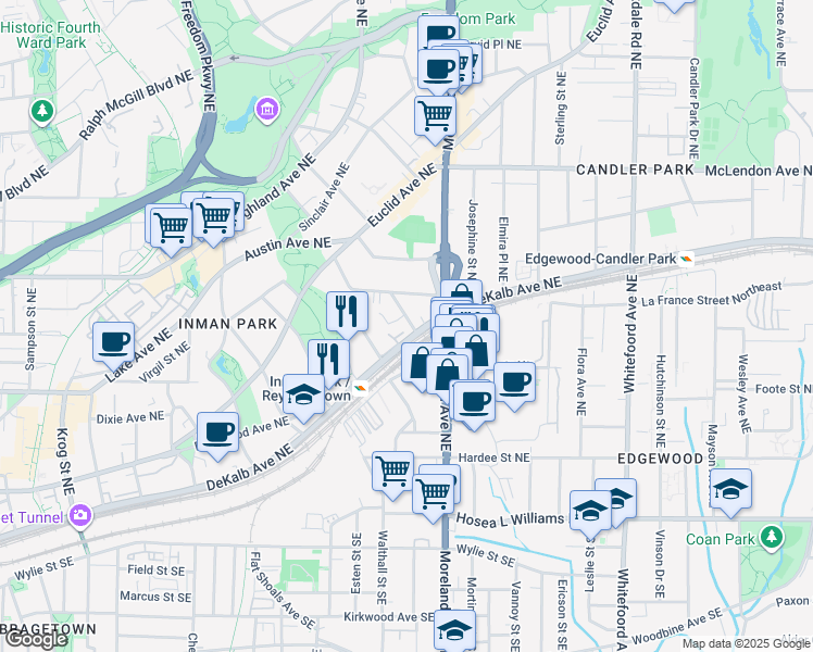 map of restaurants, bars, coffee shops, grocery stores, and more near 1124 DeKalb Avenue Northeast in Atlanta