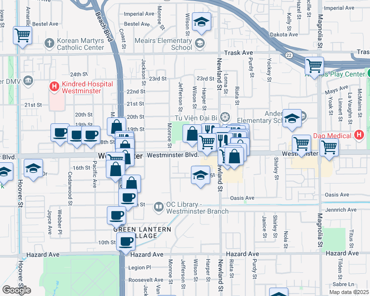 map of restaurants, bars, coffee shops, grocery stores, and more near 8311 Westminster Boulevard in Westminster