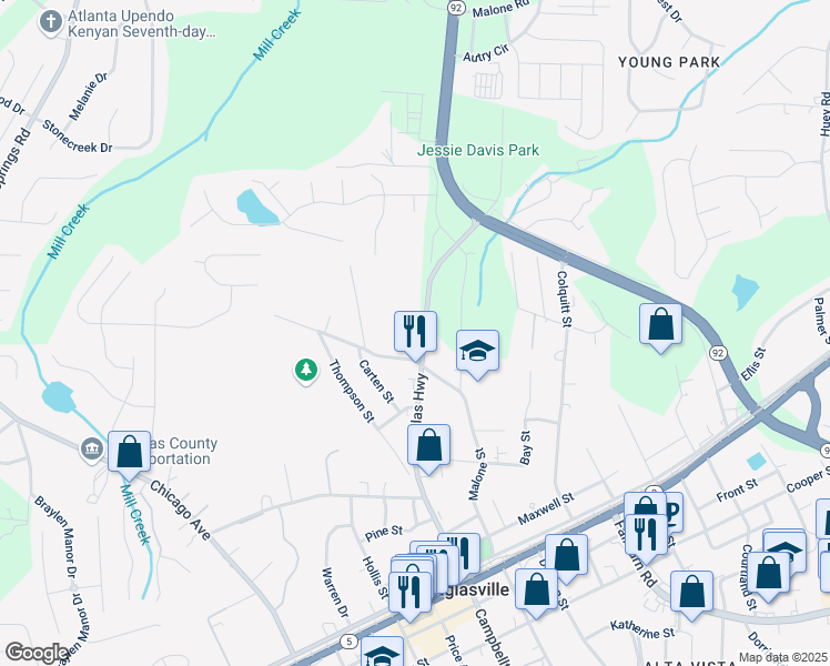 map of restaurants, bars, coffee shops, grocery stores, and more near 8065 Georgia 92 in Douglasville