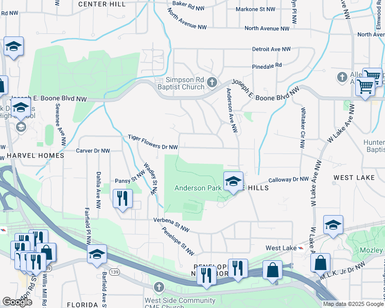 map of restaurants, bars, coffee shops, grocery stores, and more near 2050 Tiger Flowers Drive Northwest in Atlanta