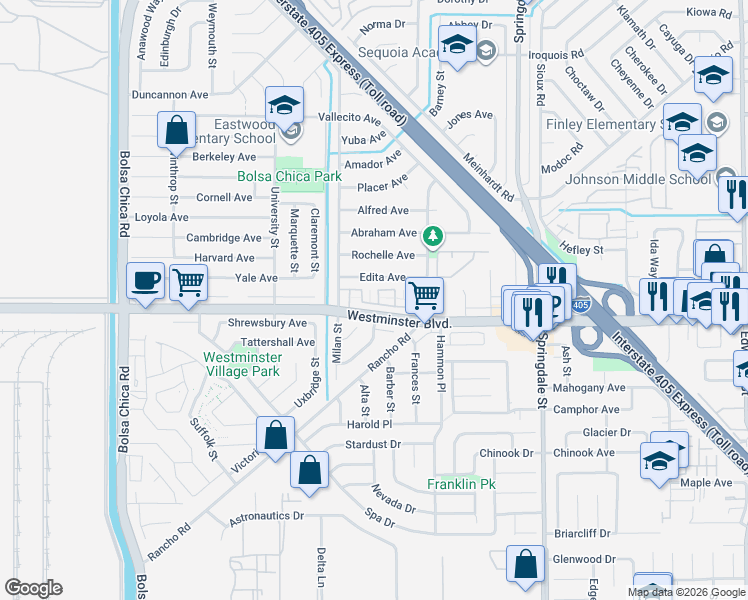 map of restaurants, bars, coffee shops, grocery stores, and more near 13972 Chelmsford Walk in Westminster