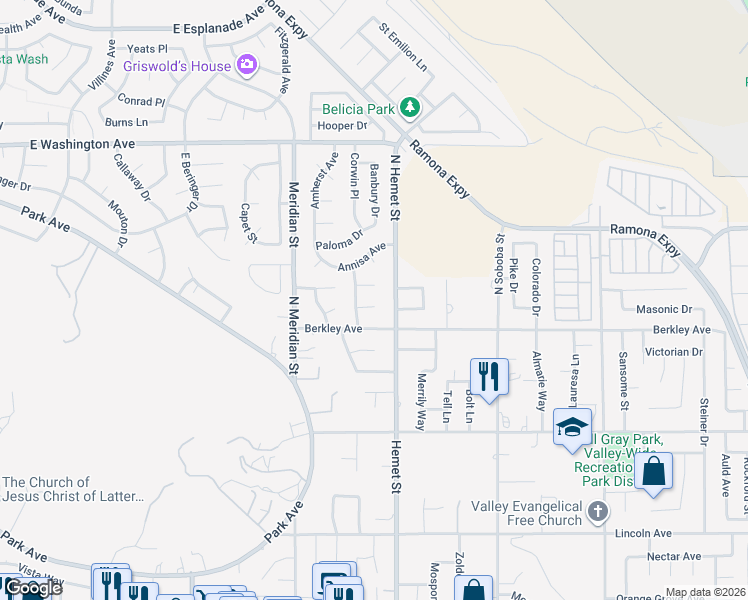 map of restaurants, bars, coffee shops, grocery stores, and more near 4380 Muleshoe Court in Hemet