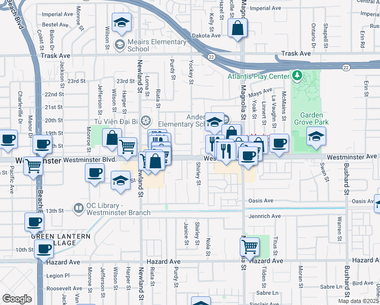 map of restaurants, bars, coffee shops, grocery stores, and more near 8742 Westminster Boulevard in Westminster