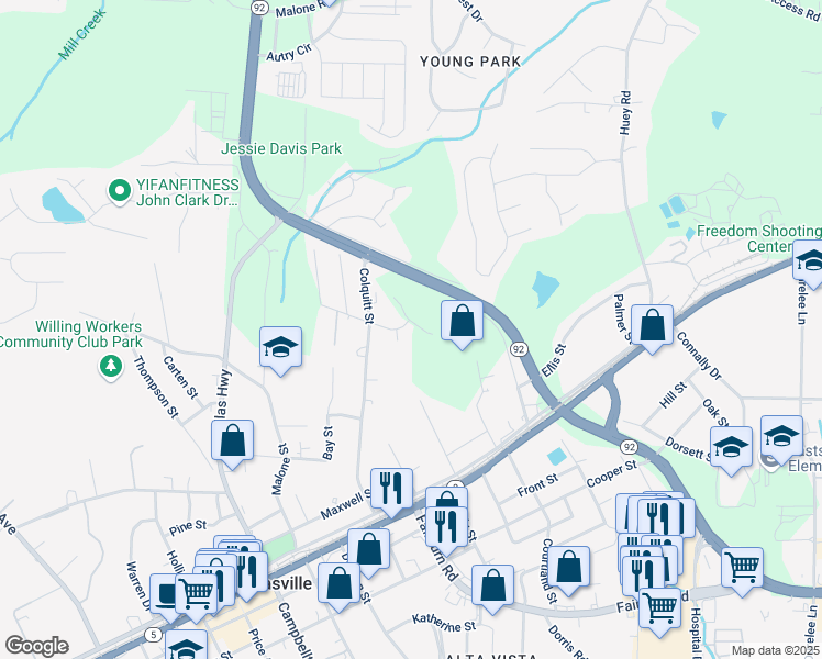 map of restaurants, bars, coffee shops, grocery stores, and more near 8070 Youngstown Street in Douglasville