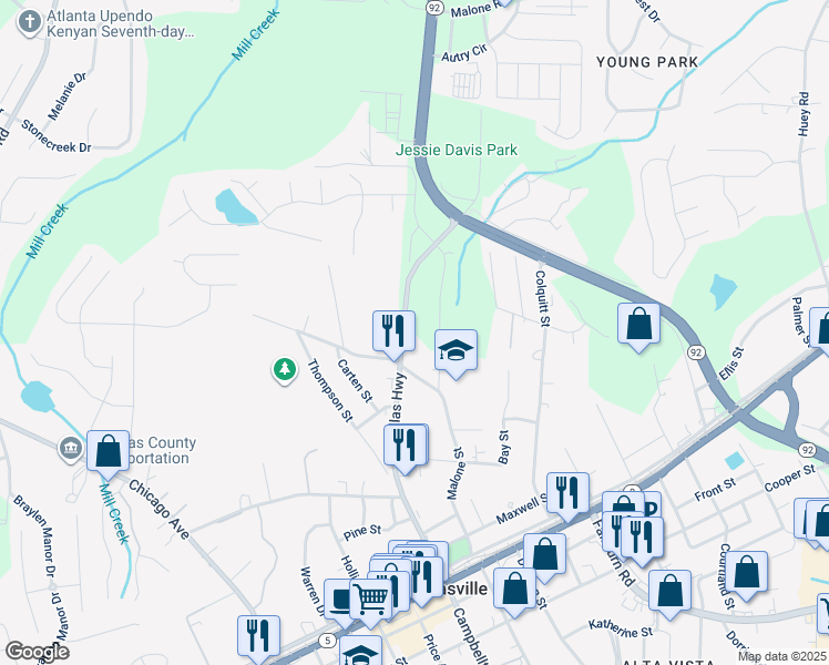 map of restaurants, bars, coffee shops, grocery stores, and more near 8060 Dallas Highway in Douglasville