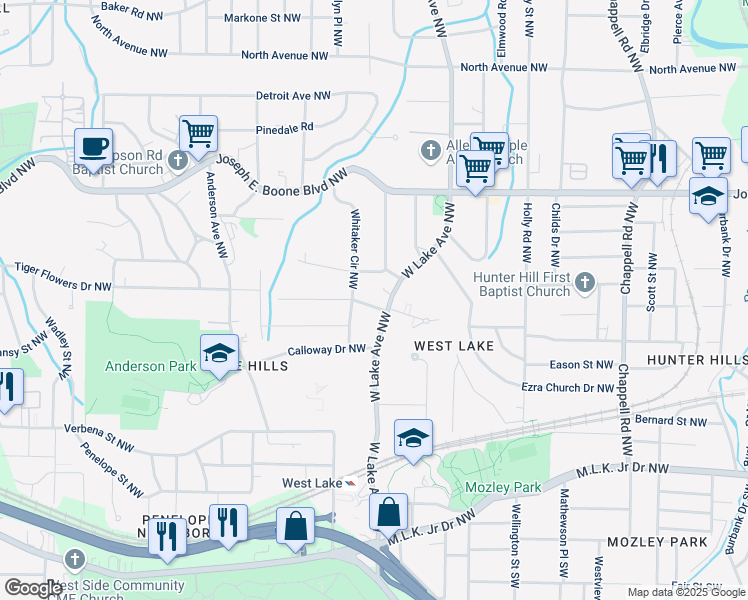 map of restaurants, bars, coffee shops, grocery stores, and more near 1751 Tiger Flowers Drive Northwest in Atlanta