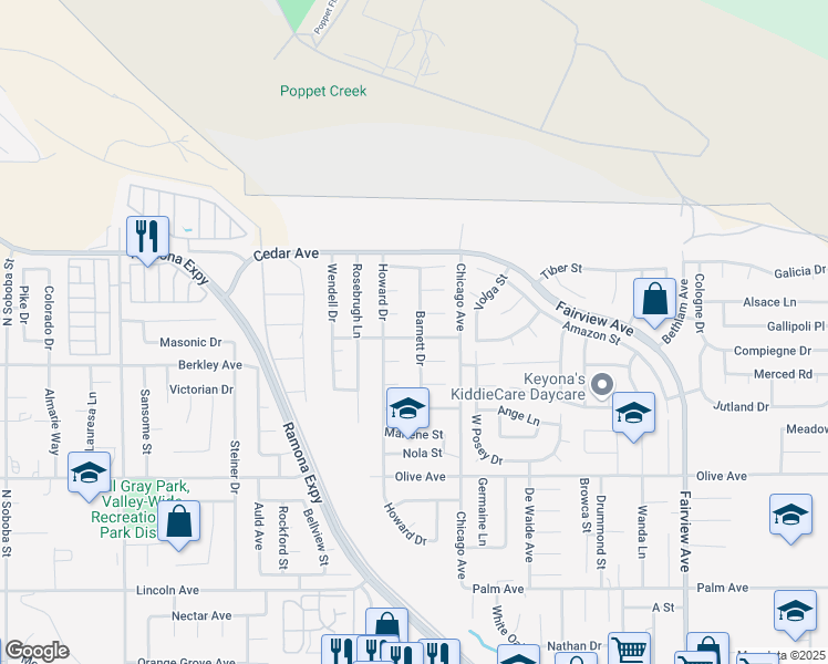 map of restaurants, bars, coffee shops, grocery stores, and more near 24925 Barnett Drive in Hemet