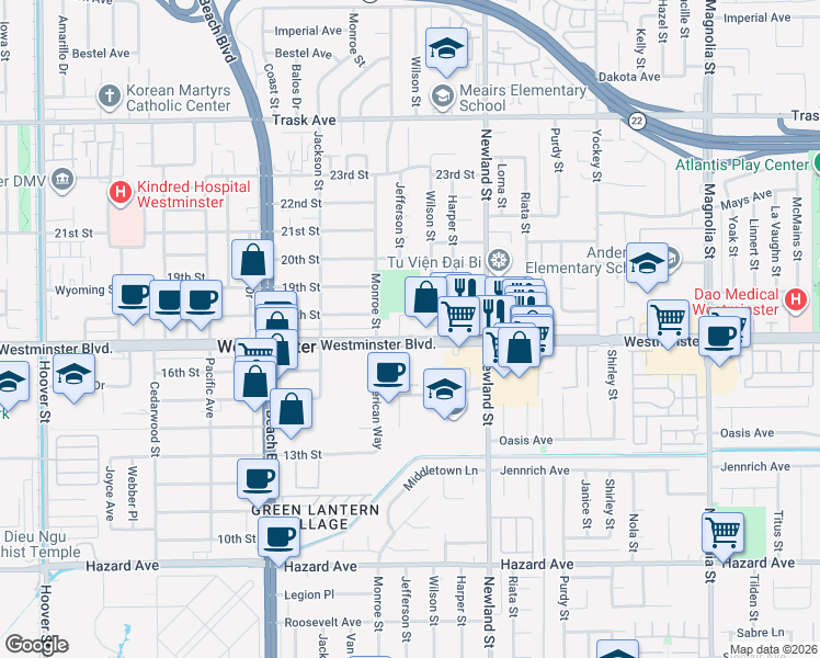 map of restaurants, bars, coffee shops, grocery stores, and more near 8311 Westminster Boulevard in Westminster