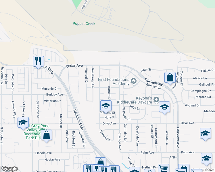 map of restaurants, bars, coffee shops, grocery stores, and more near 24925 Barnett Drive in Hemet