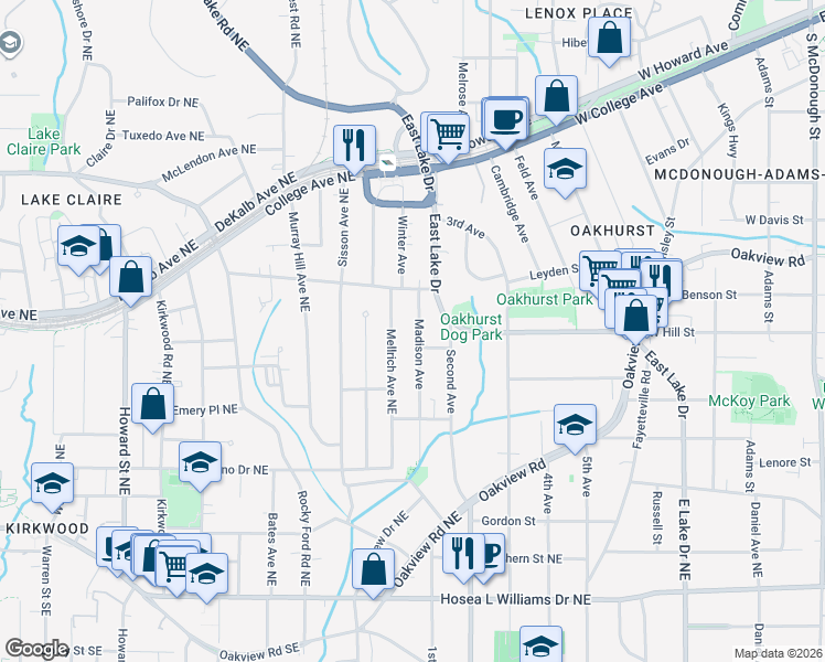 map of restaurants, bars, coffee shops, grocery stores, and more near 143 Madison Avenue in Decatur