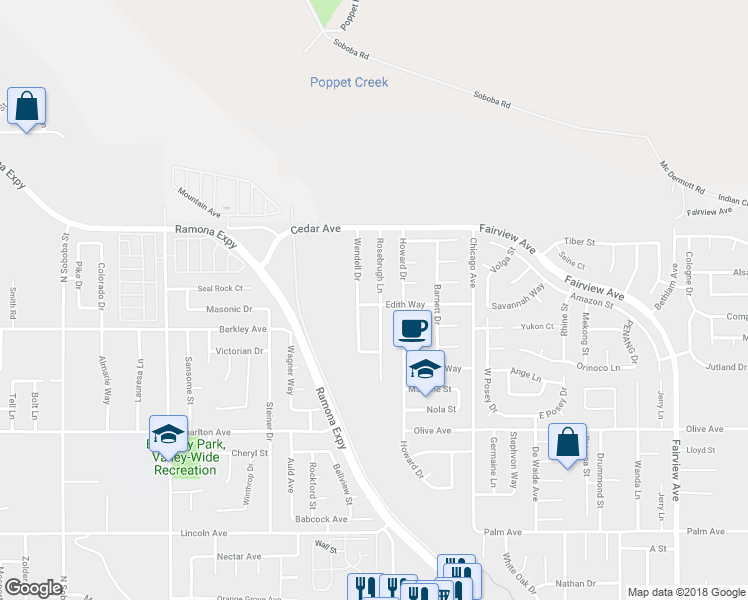 map of restaurants, bars, coffee shops, grocery stores, and more near 24941 Rosebrugh Lane in Hemet