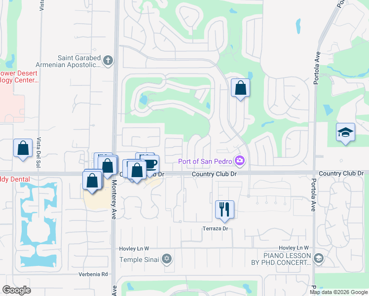 map of restaurants, bars, coffee shops, grocery stores, and more near 6331 Via Stasera in Palm Desert