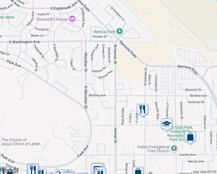 map of restaurants, bars, coffee shops, grocery stores, and more near 4380 Muleshoe Court in Hemet