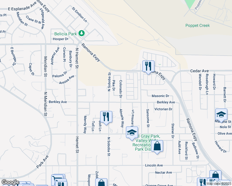 map of restaurants, bars, coffee shops, grocery stores, and more near 813 Pike Drive in Hemet