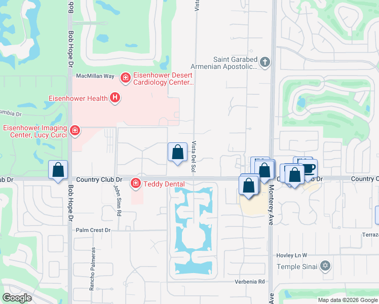map of restaurants, bars, coffee shops, grocery stores, and more near 1 Carrera Place in Rancho Mirage