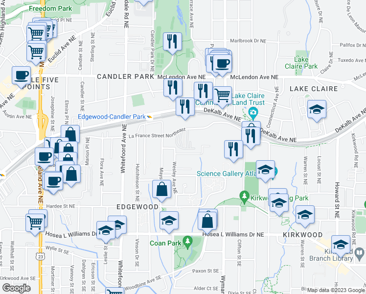 map of restaurants, bars, coffee shops, grocery stores, and more near 286 Carlyle Park Drive in Atlanta