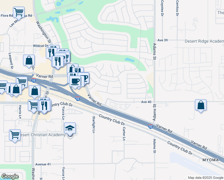 map of restaurants, bars, coffee shops, grocery stores, and more near 78651 Postbridge Circle in Palm Desert