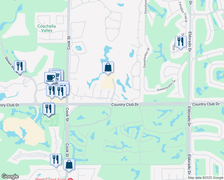 map of restaurants, bars, coffee shops, grocery stores, and more near 117 Sarona Circle in Palm Desert