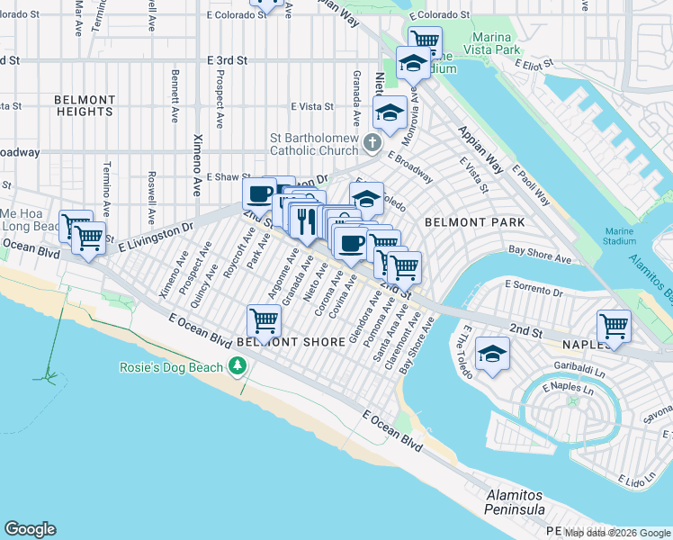 map of restaurants, bars, coffee shops, grocery stores, and more near 185 Corona Avenue in Long Beach