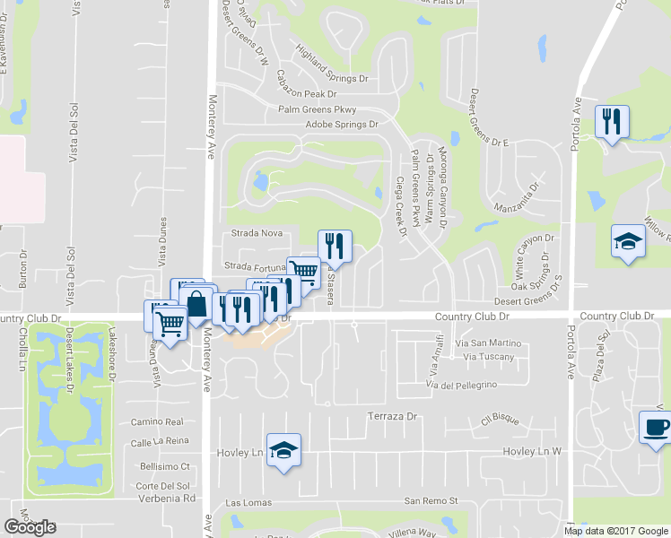 map of restaurants, bars, coffee shops, grocery stores, and more near 6331 Via Stasera in Palm Desert