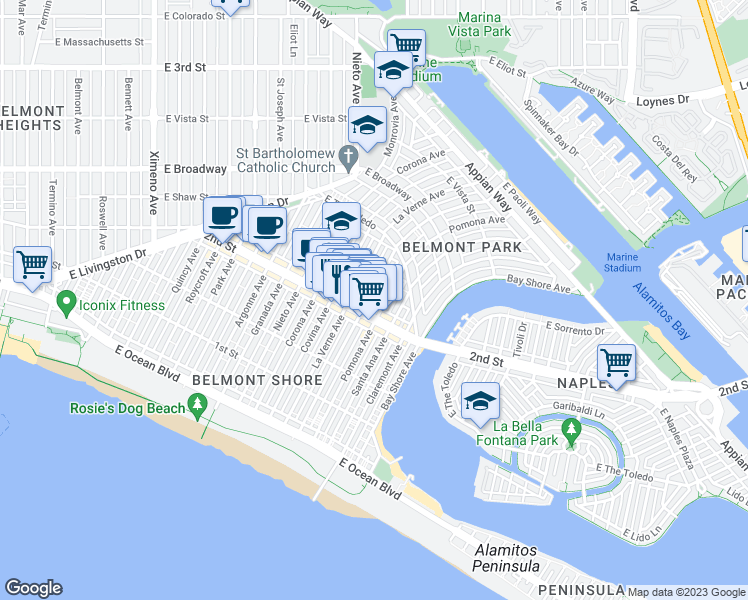 map of restaurants, bars, coffee shops, grocery stores, and more near 206 Glendora Avenue in Long Beach