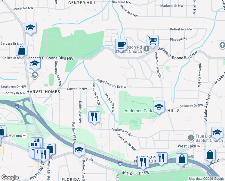 map of restaurants, bars, coffee shops, grocery stores, and more near 237 Tiger Flowers Circle Northwest in Atlanta