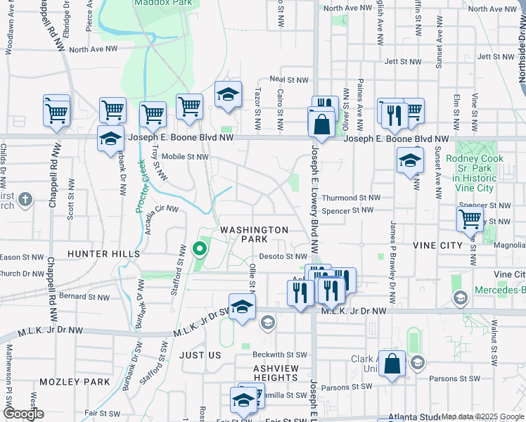 map of restaurants, bars, coffee shops, grocery stores, and more near 993 Washington Heights Terrace Northwest in Atlanta