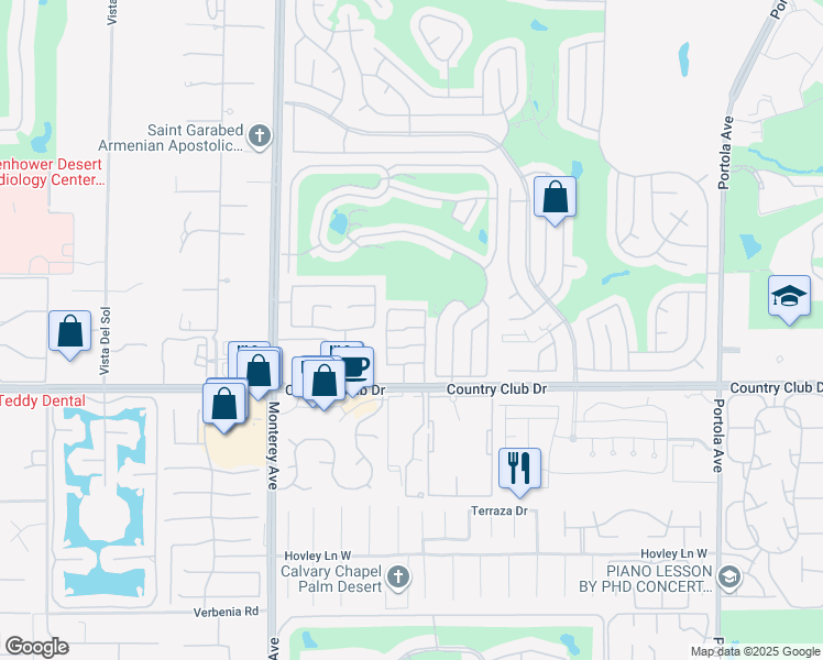 map of restaurants, bars, coffee shops, grocery stores, and more near 3253 Via Giorna in Palm Desert