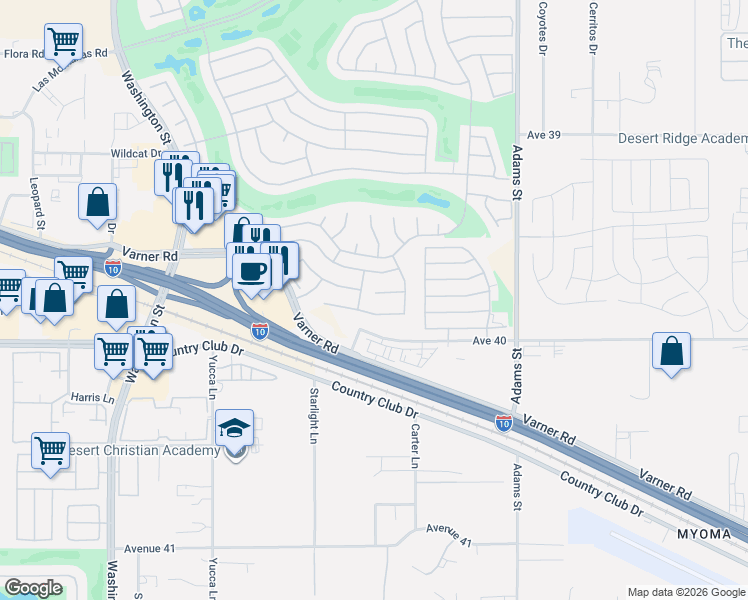 map of restaurants, bars, coffee shops, grocery stores, and more near 78651 Postbridge Circle in Palm Desert