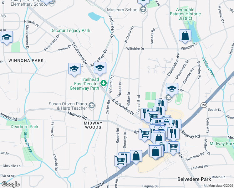 map of restaurants, bars, coffee shops, grocery stores, and more near 1195 Russell Drive in Decatur