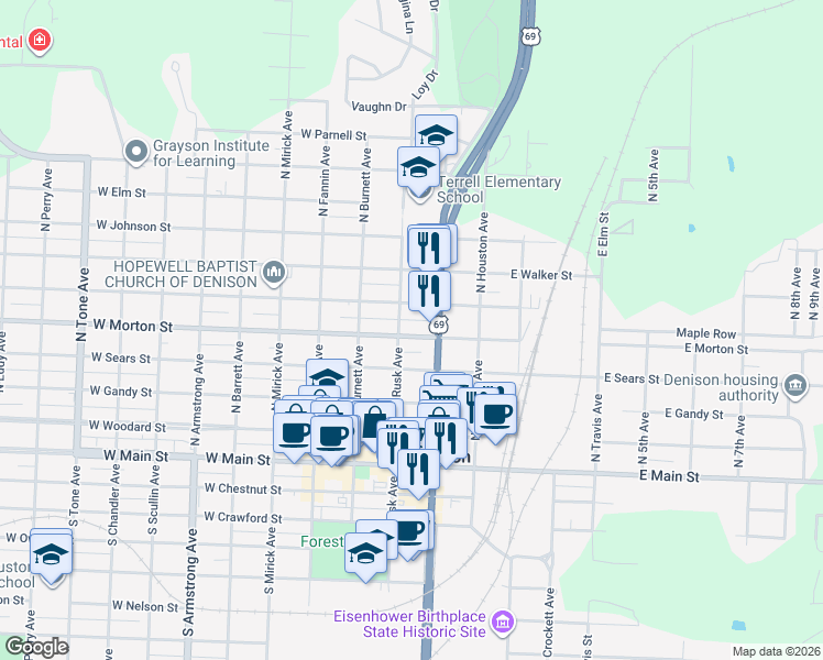 map of restaurants, bars, coffee shops, grocery stores, and more near 221 West Morton Street in Denison