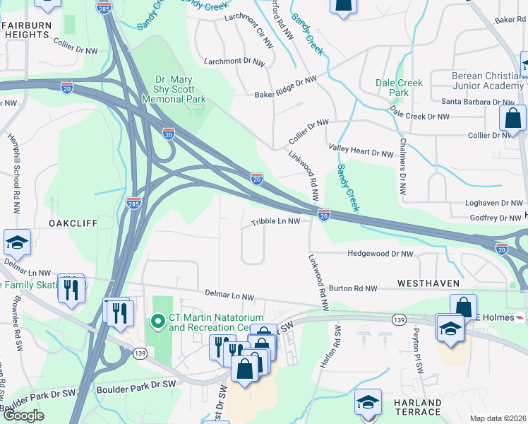 map of restaurants, bars, coffee shops, grocery stores, and more near 3017 Tribble Lane Northwest in Atlanta