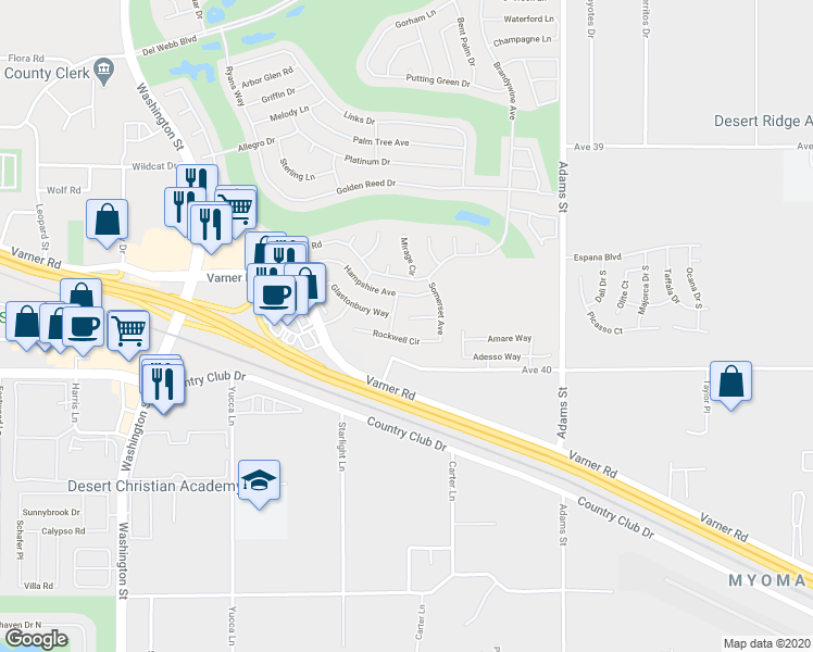 map of restaurants, bars, coffee shops, grocery stores, and more near 78651 Postbridge Circle in Palm Desert