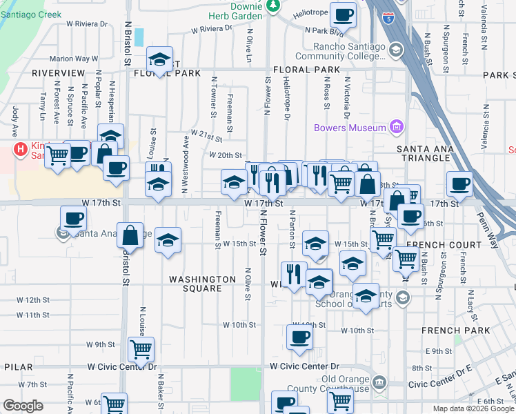 map of restaurants, bars, coffee shops, grocery stores, and more near 1706 North Olive Street in Santa Ana