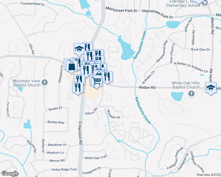 map of restaurants, bars, coffee shops, grocery stores, and more near 4881 Redan Road in Stone Mountain