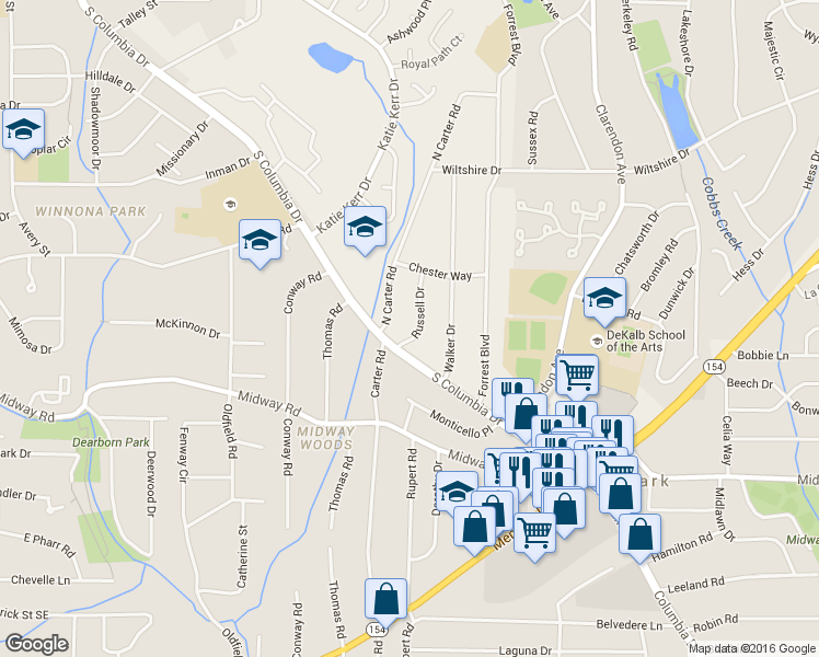 map of restaurants, bars, coffee shops, grocery stores, and more near 1195 Russell Dr in Decatur
