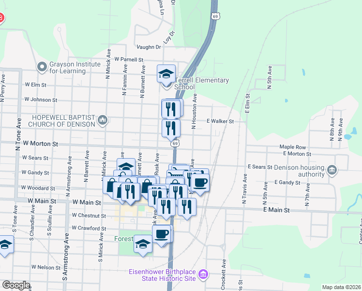 map of restaurants, bars, coffee shops, grocery stores, and more near 108 West Bond Street in Denison