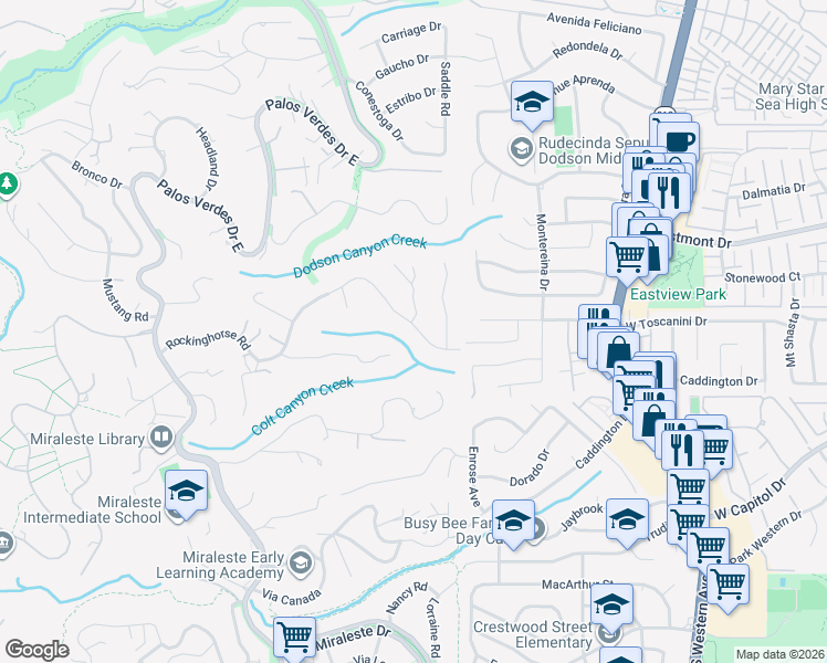 map of restaurants, bars, coffee shops, grocery stores, and more near 96 Rockinghorse Road in Rancho Palos Verdes