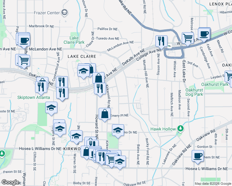 map of restaurants, bars, coffee shops, grocery stores, and more near 2028 Presley Way Northeast in Atlanta