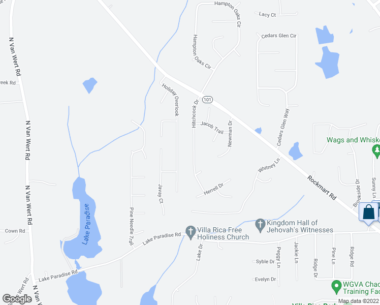 map of restaurants, bars, coffee shops, grocery stores, and more near 145 Hitchcock Drive in Villa Rica