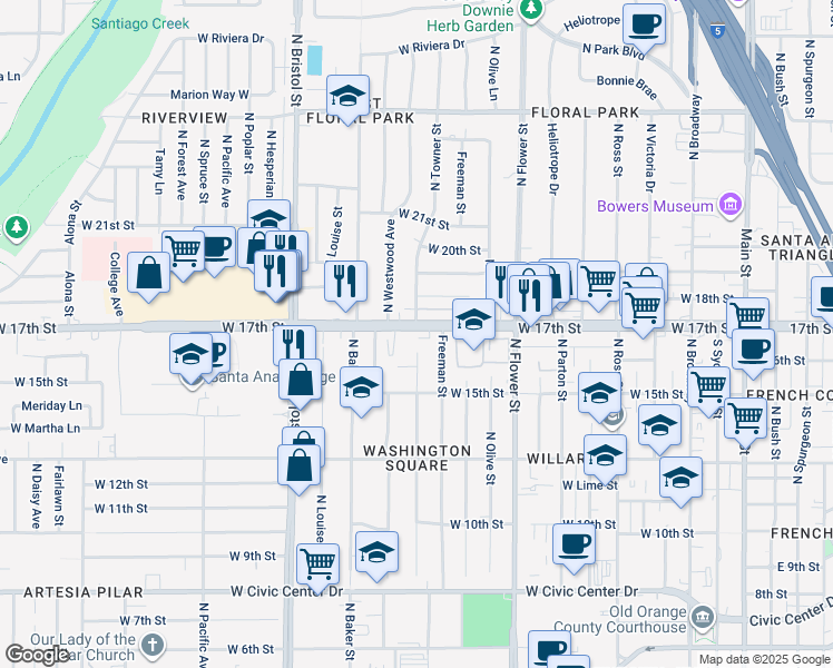 map of restaurants, bars, coffee shops, grocery stores, and more near 1109 West 17th Street in Santa Ana