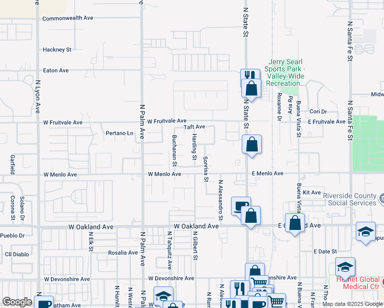 map of restaurants, bars, coffee shops, grocery stores, and more near 769 Harding Street in Hemet