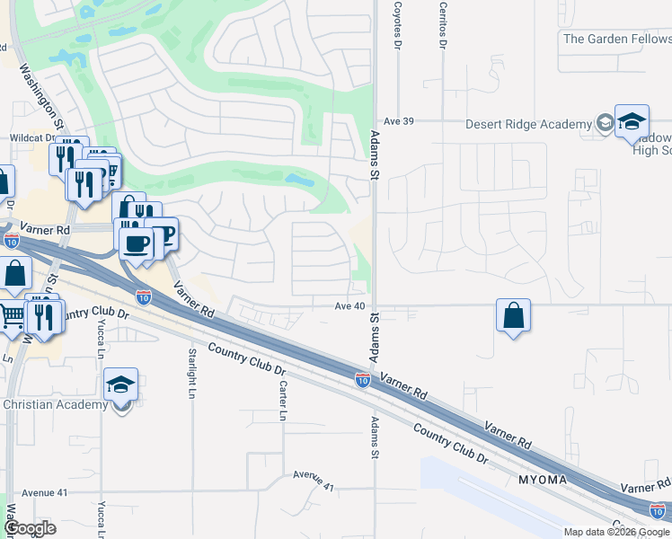 map of restaurants, bars, coffee shops, grocery stores, and more near 78928 Amare Way in Palm Desert